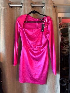 Lulu's Hot Pink Long Sleeve Satin Mini Dress
